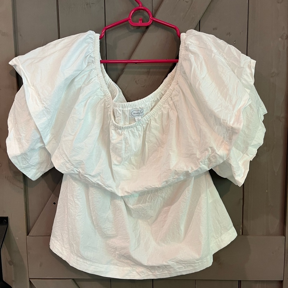 Mud pie Women’s Coastal White Cotton Ruffle off the shoulder Top Size L